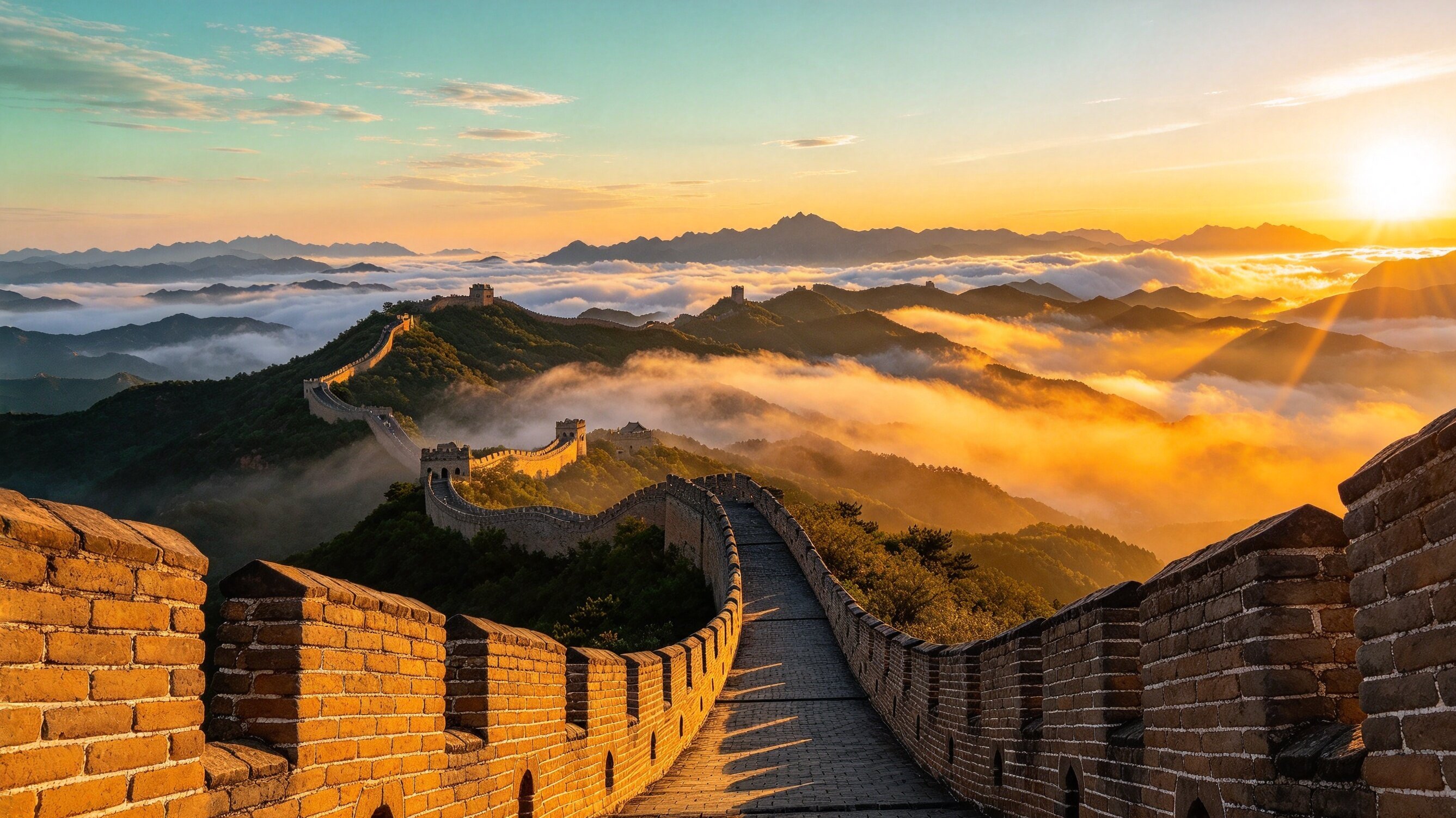 The Great Wall of China winding across forested mountains at dawn
